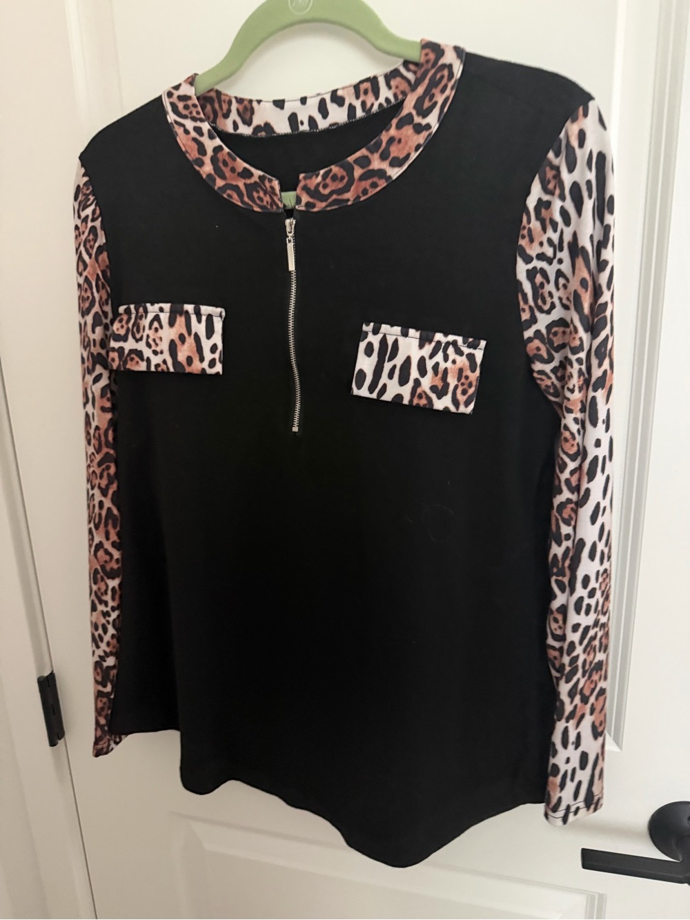 Black Long-Sleeve Top with Leopard Trim